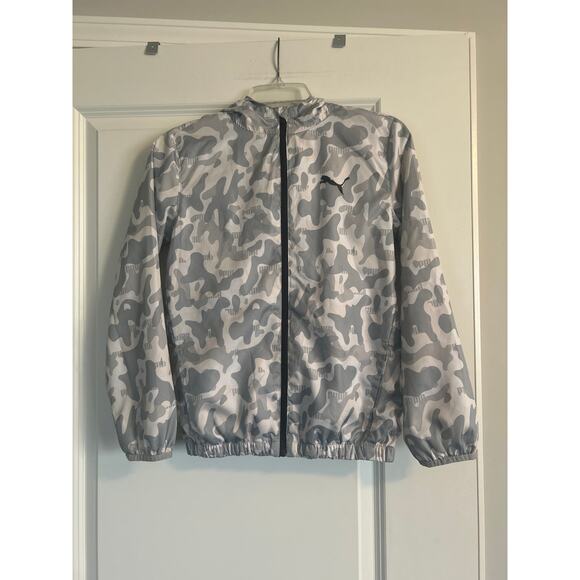 GUC PUMA Kid's Windbreaker Jacket Camo Hood Net Lining Size M (10-12) - Picture 1 of 6
